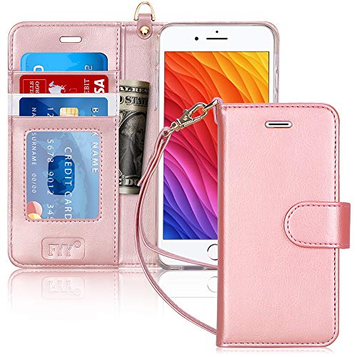 FYY for iPhone 8 Plus Case/iPhone 7 Plus Case, PU Leather Flip Wallet Phone Case with Card Holder Wrist Strap Kickstand Protective Cover for iPhone 7 Plus/8 Plus 5.5" Rose Gold