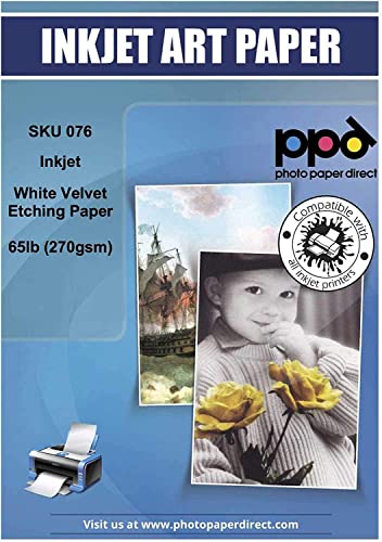 PPD 25 Sheets Inkjet White Giclee Archival Velvet Etching Fine Art Printer Paper 8.5x11 72lbs 270gsm (PPD076-25)