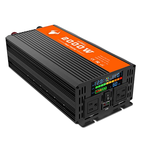 Power Inverter 2000 Watt, Car/Home 12V DC to 110V AC Converter, with LED Display, Dual AC Outlets, USB Port, Dual Smart Fans, Cables Included, Suitable for Home, RV, Outdoor, Camping, Boat, Emergency