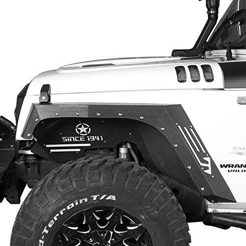 Hooke Road Fenders Steel Armor Style Fender Flares Mud Guards Compatible with Jeep Wrangler JK 2007-2018 (4PCS Front & Rear)