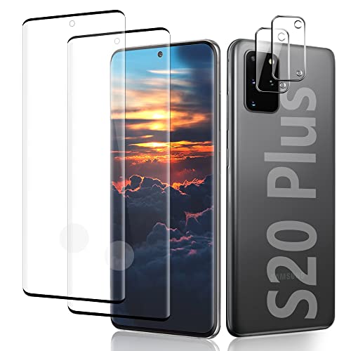 [2+2 Pack] Galaxy S20 Plus Screen Protector, 9H Tempered Glass Include 2 Pack Camera Lens Protector,Ultrasonic Fingerprint Support, 3D Curved, Bubble-Free Glass Screen Protector, For Samsung S20 Plus