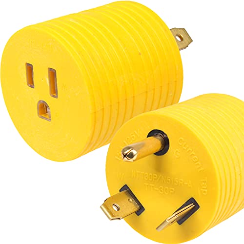 Power Adapter 3 prong 15 amp Male to 30 amp 110 Female RV Camper Generator Plug Outdoor Electrical Power Converter, Straight Blade TT30P to 5-15R, Mini Size (30 Male - 15 Female, Yellow)