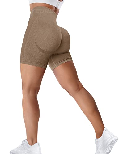 YEOREO Women Seamless High Waist Shorts Smile Contour Biker Shorts Gym Yoga Workout Mocha S