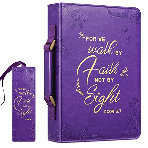 Large Classic Bible Cover, FINPAC PU Leather Carrying Book Case Church Bag Bible Protective with Handle, Perfect Gift for Women, Girls, Mother - Purple
