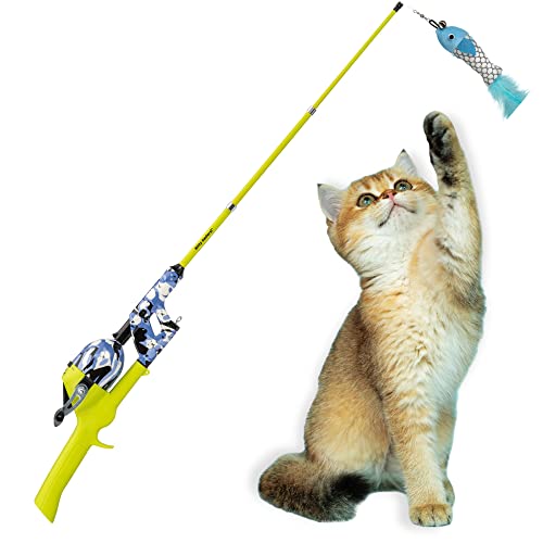 Cat Caster Fishing Pole Toy | Tangle Free, Retractable & Easy to Store. Includes Two Interchangeable Teaser Toys | The Ultimate Gift for Kitty Lovers, Cat Camo