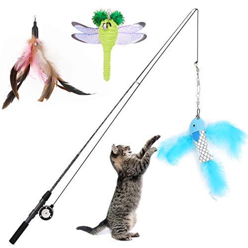 VavoPaw Cat Feather Teaser Wand Toy, Cat Interactive Retractable Fishing Pole, Funny Cat Stick Sea Rod Cat Feather Playing Toy Pet Companion Toys, 1 Wand & 3 Interchangeable Toys, Pink+Blue+Green