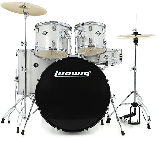 Ludwig Accent 5-piece Complete Drum Set with 22 inch Bass Drum and Wuhan Cymbals - Silver Sparkle