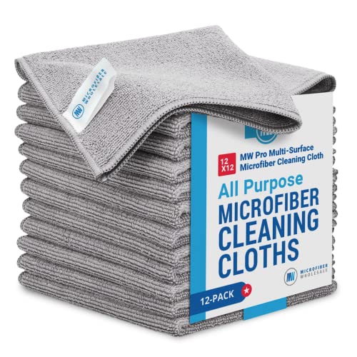 12" x 12" MW Pro Multi-Surface Microfiber Cleaning Cloths | Gray - 12 Pack | Premium Microfiber Towels for Cleaning Glass, Kitchens, Bathrooms, Automotive, Supplies & Products