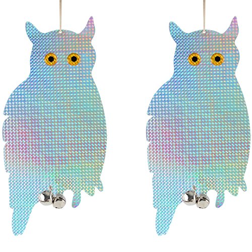 Bird Blinder Hanging Owl Decoys to Scare Birds Away - Reflective Bird Deterrent Devices - Scare Away Woodpecker, Swallow, Hawks, Crows, Pigeons and Birds - Window Strike Prevention 16 inch - Pack of 2