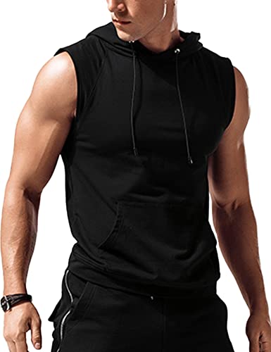 Amussiar Men's Cotton Sleeveless Hoodie Bodybuilding Hooded Tank Top Gym Fitness Casual Workout Vest Black