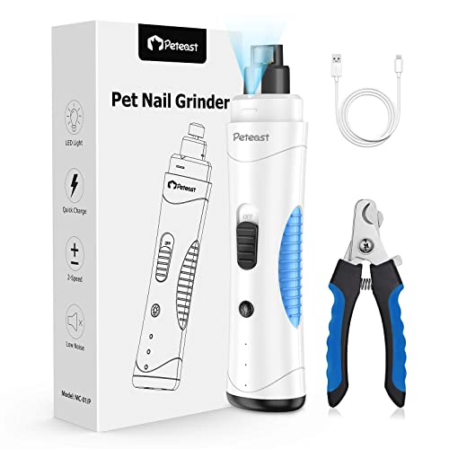Peteast Electric Dog Nail Grinder Professional, Upgraded Type C W LED Lighting, Quiet Painless Safe Smooth Paw Grooming, Powerful 2 Speeds Clipper Trimmer (White)