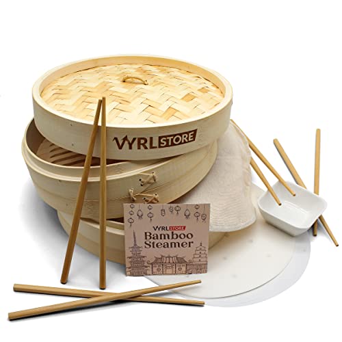VYRL Bamboo Steamer 10 inch  2 Tier Bamboo Dumpling Steamer, 4 Pairs Chopsticks, 1 Sauce Dish, 2 cotton and 30 paper liners  Ideal for Rice, Dim Sum, Veggies, Fish, Meat and Chinese Asian Cuisine