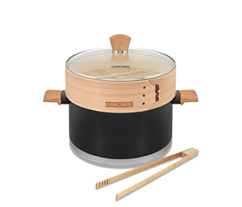 CONCORD 10" Stainless Steel Steamer Pot with Natural Bamboo Steamer 24 CM Steaming Cookware (Nior/Bamboo)