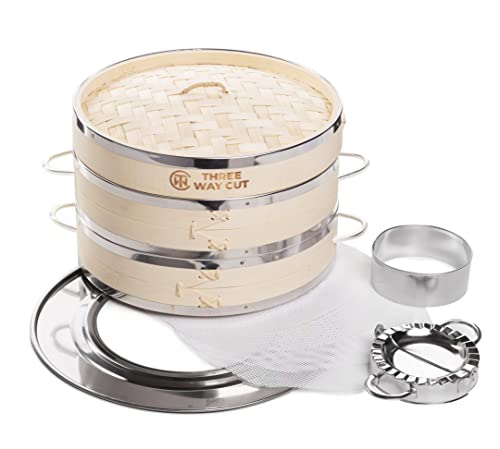 Dumpling Bamboo Steamer 10 Inch 2 Tier Wooden Basket With Handle, Ring Adapter, Reusable Silicone Liner, Kit For Cooking Baby Bao Bun, Dim Sum, Rice Potsticker Steaming Chinese Asian Food & Vegetables