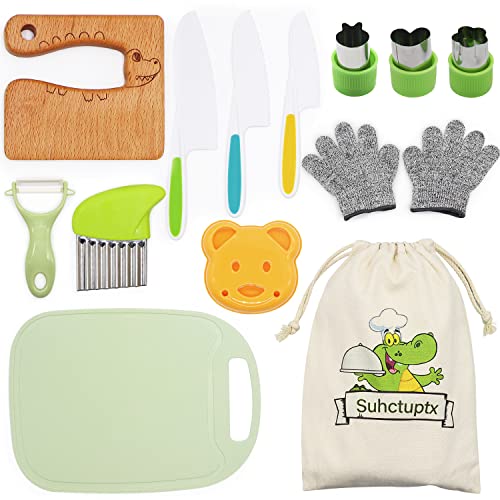 14 Pieces Wooden Kids Kitchen Knife Set with Gloves Cutting Board Fruit Vegetable Crinkle Cutters Serrated Edges Plastic Toddler Knifes for Real Cooking Kid Safe Knives - Crocodile