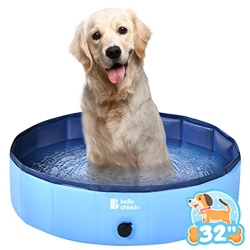 BELLOCHIDDO Foldable Dog Pool - Hard Plastic Pool for Dogs and Kids, Non-Slippery Dog Swimming Pool with PP Boards, Kiddie Pool for Dogs, Indoor&Outdoor Pet Bathing Tub with Water Drainage (32" x 8")