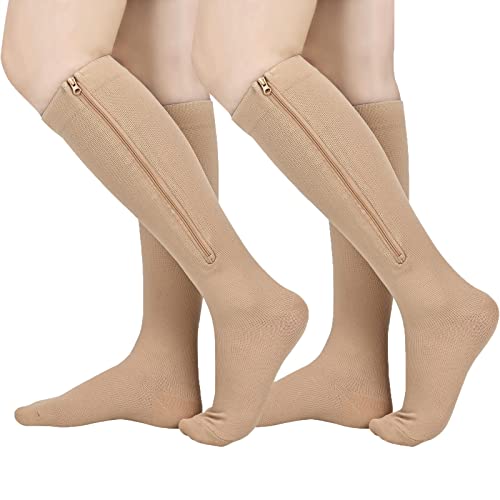 2 Pairs Zipper Compression Socks Women and Men, Closed Toe Compression Stocking, 15-20 mmHg Knee high compression socks for Edema, Varicose Veins, Swollen Sore