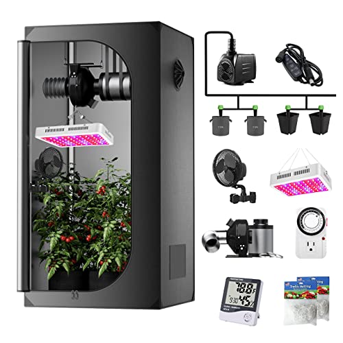 New Grow Tent Complete System with Auto Time Control Watering Drip System+100W LED Grow Light Grow Tent Kits with 6" Oscillating Fan (4" Fan Filter+ LED Light+25"X25"X47" Tent+Clip Fan+Auto Drip Kit)