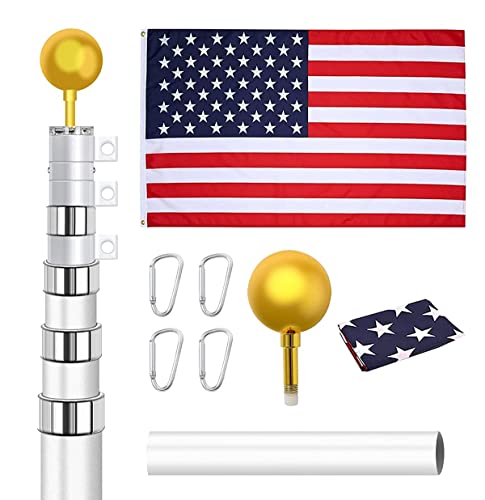 Elevens 30ft Telescoping Flag Pole Kit, Heavy Duty Aluminum Telescopic Flagpole for Outside in Ground with American Flag and Ornament Ball for Yard, Residential or Commercial, Silver