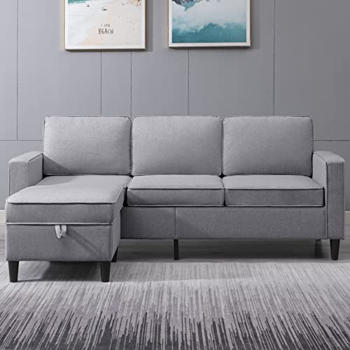 Mjkone Convertible Sectional Sofa Couch, Sofas with Solid Wood Legs and Storage Ottoman, L-Shape Couch with 4 Side Pockets, Couches for Living Room/Apartment/Office (Light Grey)