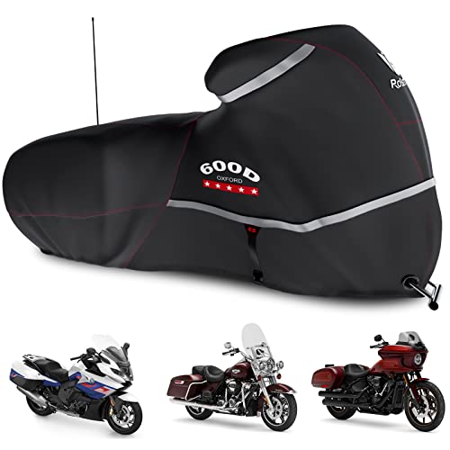 Rosefray Motorcycle Cover 600D Waterproof for Touring Models Harley Davidson Road King,Road Glide,Street Glide, Electra Glide,Low Rider-ST,Indian/Honda/BMW/Ducati/Suzuki/Kawasaki/KTM Outdoor Storage