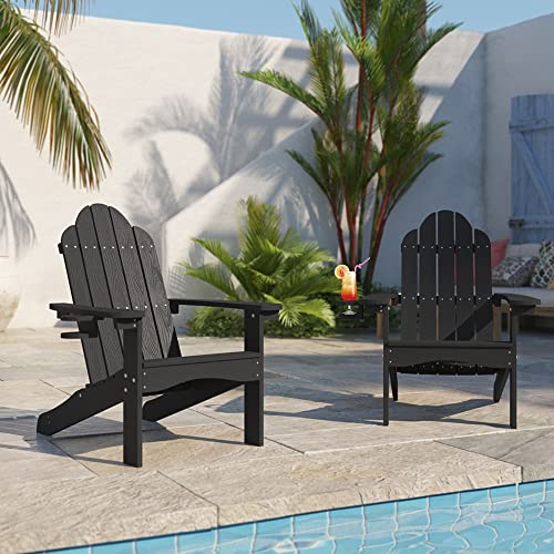 LUE BONA Adirondack Chairs Set of 2, Black Poly Adirondack Chairs with Cup Holder, 300LBS Modern Adirondack Chair Weather Resistant, Outdoor Patio Chair for Fire Pit, Patio, Law, Balcony, Backyard