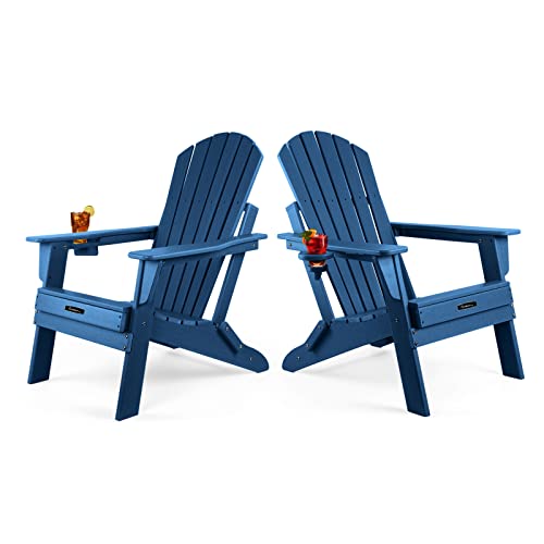 FUNBERRY Folding Adirondack Chair Set of 2, Fire Pit Chairs, Plastic Adirondack Chairs Weather Resistant with Cup Holder, Composite Adirondack Chairs