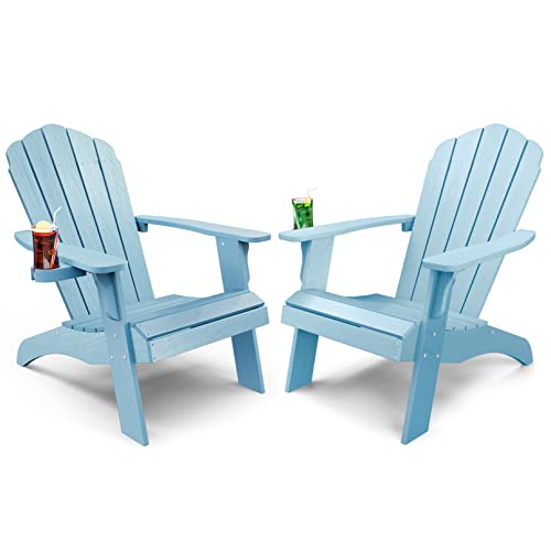 Oversized Plastic Adirondack Chair Set of 2 with Cup-Holder (Large Dual-Purpose), Weather Resistant, Poly Lumber Outdoor Chairs Duty Rating Widely Used in Patio, Lawn, Outside, Deck, Garden Chair-Blue