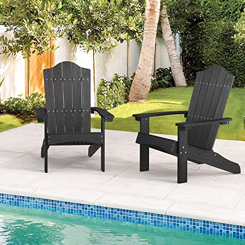 LUE BONA Adirondack Chairs Set of 2, Black Poly Adirondack Chair, Modern Plastic Adirondack Fire Pit Chairs Weather Resistant for Patio, Porch, Deck, Pool, Garden, Backyard