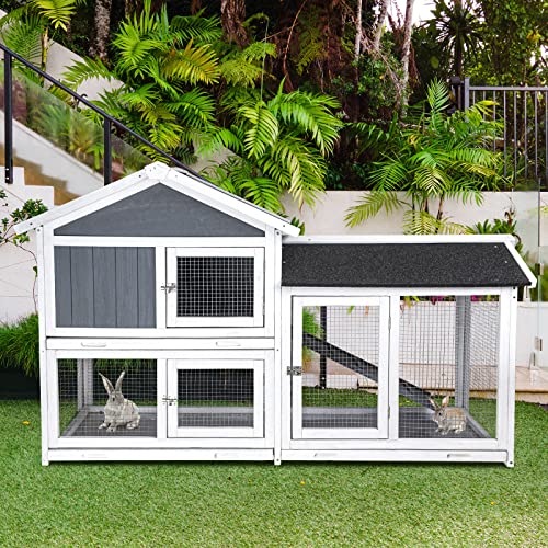 Lifeand 56.7''L Deluxe Multi-Level Rabbit Hutch with Weatherproof Design and Easy Cleaning, Ideal for Rabbits, Chicks, Guinea Pigs, and Hedgehogs, Gray+White