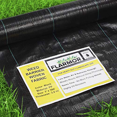 FLARMOR Woven Landscape Fabric  3Ft x300Ft, 3.2oz Weed Barrier Cloth, Heavy Duty Garden Weed Barrier Fabric Roll, Landscaping Fabric Weed Control W/WeedStop Technology, Commercial Weed Block (Black)