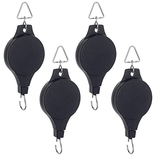 4 Pack Plant Pulley Retractable Hanger, Easy Reach Plant Pulley Adjustable Height Wheel for Hanging Plants Heavy Duty, Indoor Outdoor Plant Hanger for Garden Baskets Pots & Birds Feeder - Black