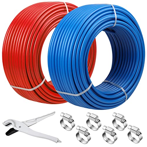 PEX Pipe 1/2 Inch 300ft 2 Rolls PEX Tubing EVOH PEX-B Pipe Non Oxygen Barrier Durable Leakage-Proof Flexible for Residential Water Lines in Homes PEX Radiant Heat Tubing(Red+Blue)