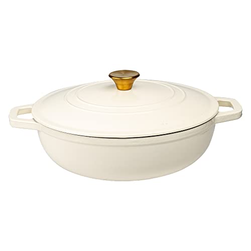 Lexi Home Cast Iron Enameled Dutch Oven Pot with Lid 5 qt, Sauce Pan, Pasta Server, Stove Top Pot, Dish for Sourdough Bread, Slow Cooking Chicken, Soup & More, Kitchen Cookware - Cream