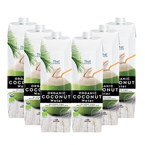 Thai Coco Organic Coconut Water No Sugar Added - 100% Coconut Water With Electrolytes - No Artificial Ingredients - USDA Organic Certified - Kosher Certified - Made in Thailand - 33.8 fl oz (6 Pack)