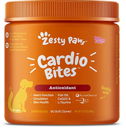 Zesty Paws Cardiovascular Soft Chews for Dogs - with Antioxidants and AlaskOmega Fish Oil with Omega 3 Fatty Acids - Plus CoQ10, L Taurine & L Carnitine for Dog Heart Health - 90 Count