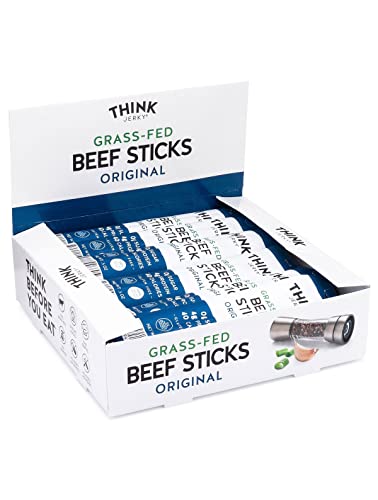 Think Jerky, Original Grass-Fed Beef Sticks (0.5 Ounce Sticks, Pack of 20 Sticks) - Sugar Free, Gluten Free, Non GMO, No Nitrates, Keto Friendly, Paleo, High Protein, Low Carb