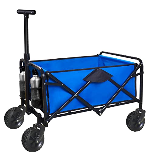 HHXRISE Folding Wagon, Utility Wagon Cart Outdoor, Collapsible Heavy Duty Folding Garden Portable Hand Cart with All-Terrain Wheels & Adjustable Handle,Solid Blue