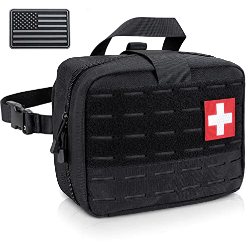 LIVANS Tactical Molle Medical Pouch of Upgraded Size, First Aid Large Capacity IFAK EMT Detachable Quick Release with Headrest Mount Include Flag and Cross Patch, Black, Free Size