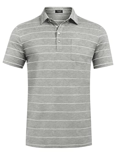 COOFANDY Mens Stripe Casual T-Shirts 4 Button Collared Polo Shirt Short Sleeve Golf Shirt with Pocket (Grey, Large)