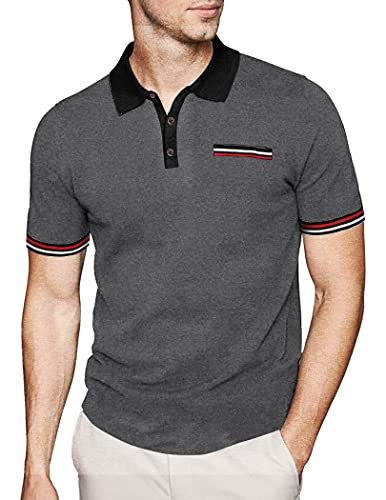 COOFANDY Men's Short Sleeve Polo Shirt Striped Sleeves Regular Fit Casual Polo T Shirt with Pocket Deep Grey