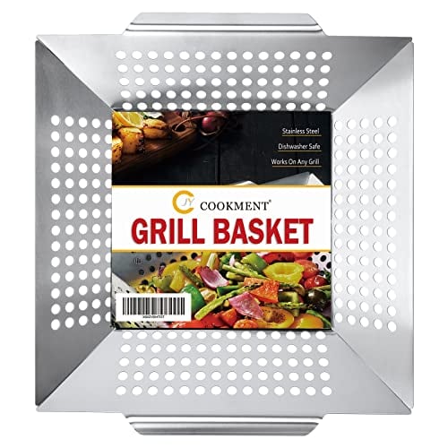 JY COOKMENT Grill Basket- Stainless Steel Grilling Basket for Indoor and Outdoor Use, Heavy Duty Vegetables Grill Basket for Veggies and Kabob, Suitable for All Grills, Dishwasher Safe