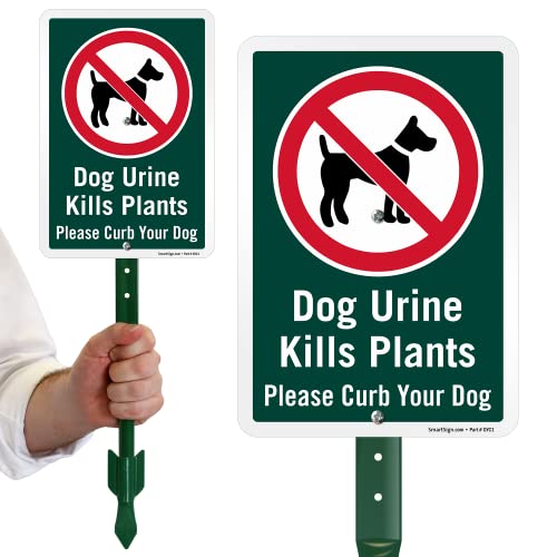 SmartSign 10 x 7 inch Dog Urine Kills Plants, Please Curb Your Dog LawnPuppy Yard Sign and 18 inch Stake Kit, 40 mil Laminated Rustproof Aluminum, Green and White, Set of 1