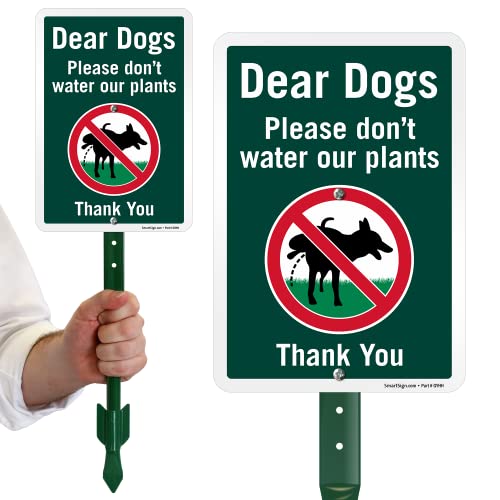 SmartSign 10 x 7 inch Dear Dogs Please Don't Water Our Plants Funny Yard Sign and 18 inch Stake Kit, 40 mil Laminated Rustproof Aluminum, Multicolor, Set of 1