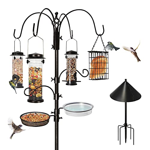 Ointo Garden 6-Hook Bird Feeding Station KitBird Feeder Pole Bird Feeder Stand Feeder Hanging Kit & Bird Bath for Attracting Wild Birds with Squirrel Proof Baffle Guard