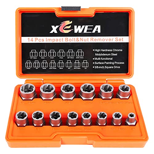 XEWEA 14PCS Bolt Extractor Set, 3/8" Drive Impact Stripped Bolt Remover Extractor Socket Set for Removing Damaged Broken Rounded Off Bolt & Nut Remover Set with Storage Case