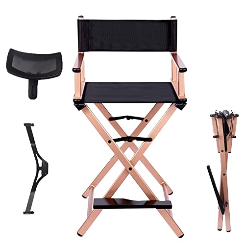 Lorvain Folable Makeup Artist Stool Chair, Protable Tall Folding Directors Chair, Aluminum Makeup Chair with Head Rest for Studio Salon Vanity, Bar Height - Gold Chair