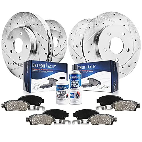 Detroit Axle - Front and Rear Drilled and Slotted Disc Brake Kit Rotors w/Ceramic Pads w/Hardware & Brake Kit Cleaner & Fluid for 2004 2005 2006 2007 2008 Nissan Maxima