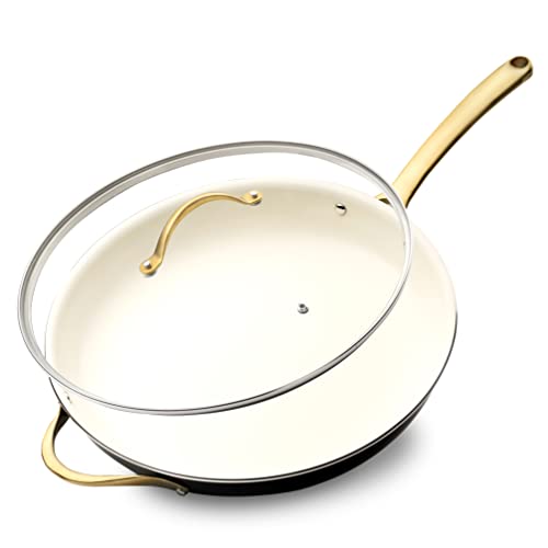 NutriChef 14 Fry Pan With Lid - Extra Large Skillet Nonstick Frying Pan with Golden Titanium Coated Silicone Handle, Ceramic Coating, Stain-Resistant And Easy To Clean, Professional Home Cookware