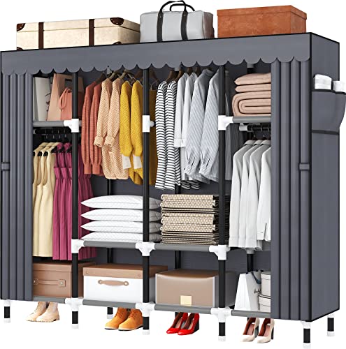 KEKIWE Portable Closet, 69 Inch Wardrobe Closet for Hanging Clothes with 4 Hanging Rods, 8 Storage Shelves, Side Pockets, Strong and Durable 25mm Metal Tube, Quick and Easy to Assembly, Grey